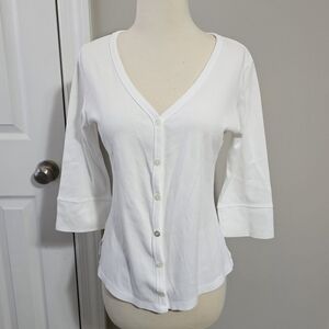 Mod-O-Doc White Ribbed Cotton V-Neck Henley Top Size 2 (XS/S)